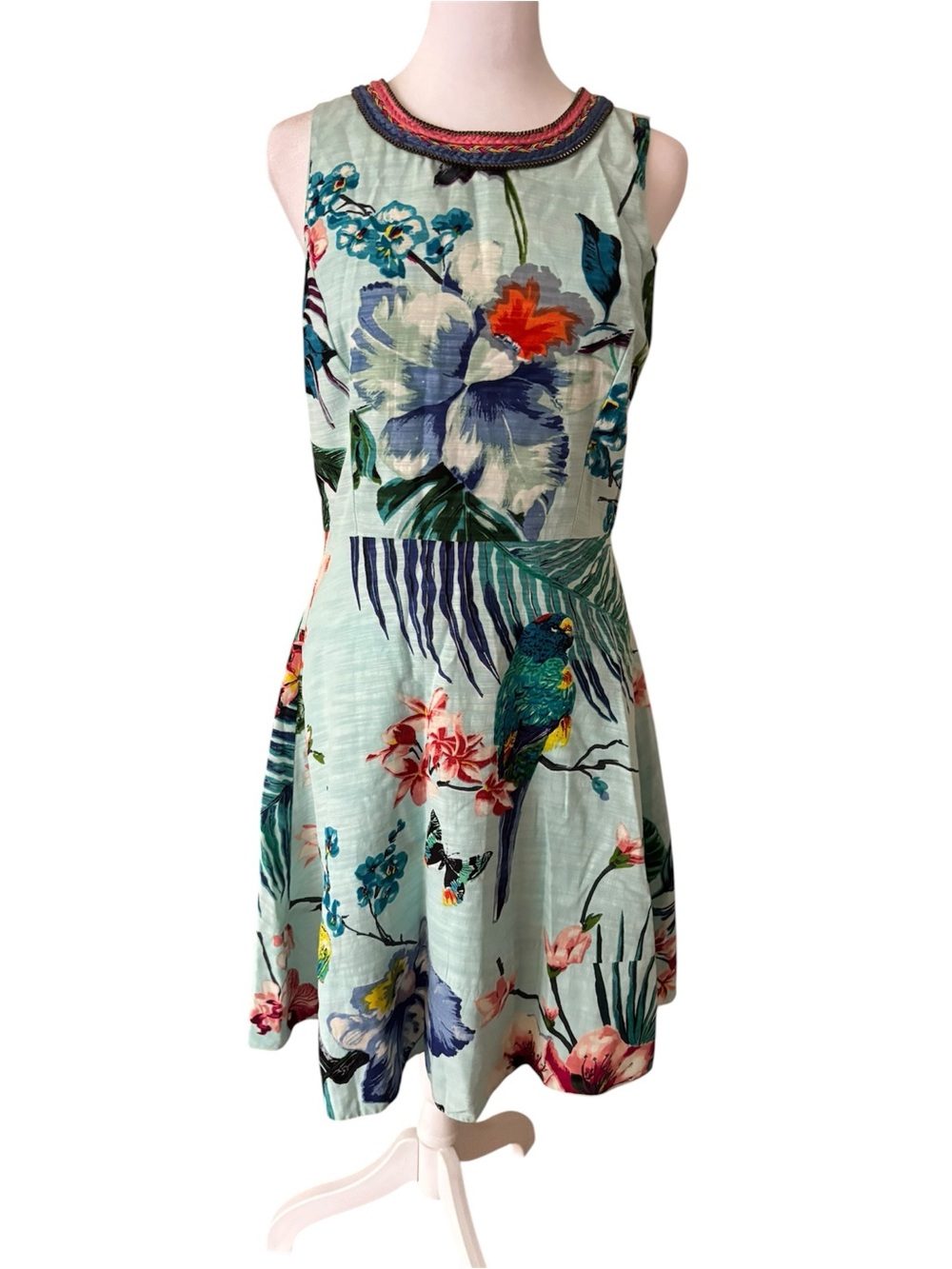 Derhy 'Empereur' Sage Green Tropical Parrot Print Dress — Beaded Neckline — S